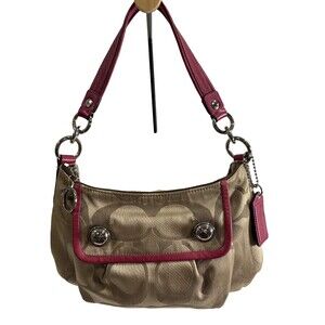 Coach Signature C Satchel Beige / Leather Hot Pink Trim  Arm Handbag Crossbody